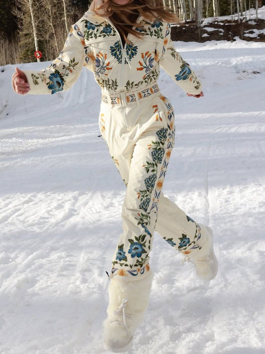 Winter Printed Hooded Belted Ski Jumpsuit - allsose