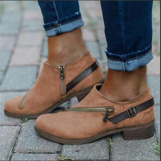 Women Casual Retro Round Toe Low Heel Zipper Boots - allsose