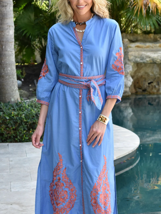 Women's Blue Coral Embroidered Midi Dress - allsose