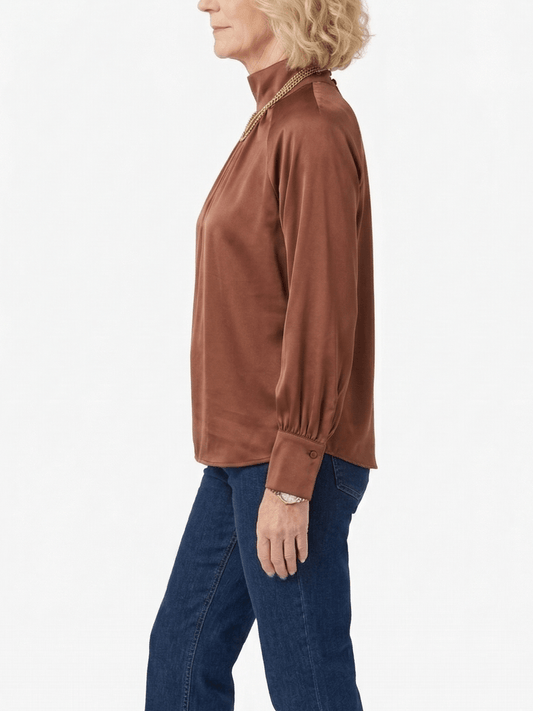 Women's Brown Satin High Neck Blouse - allsose
