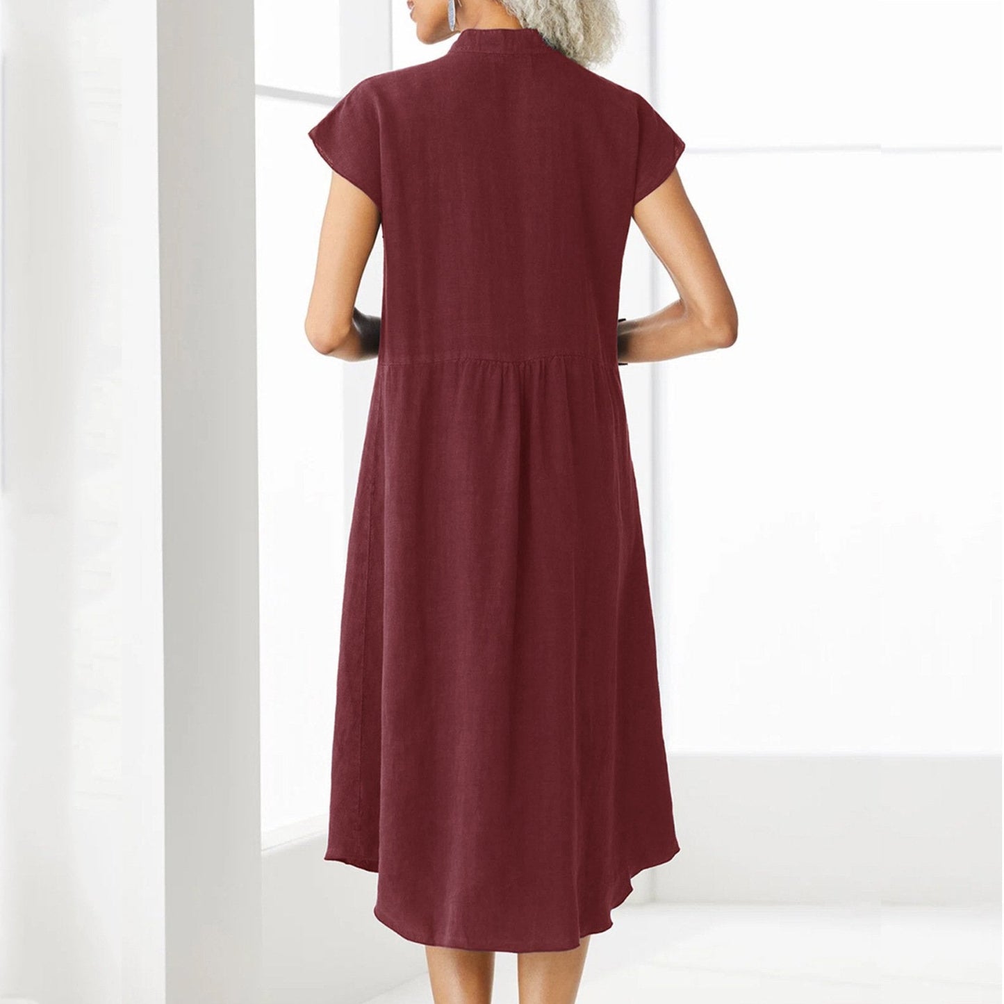 Women’s Button - down Cotton Linen Loose Dress with Pocket - allsose