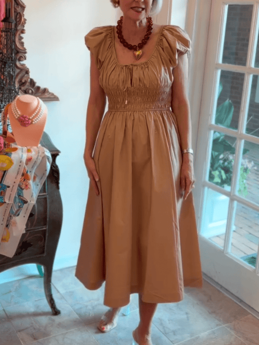 Women's Camel Smocked Waist Puff Sleeve Midi Dress - allsose