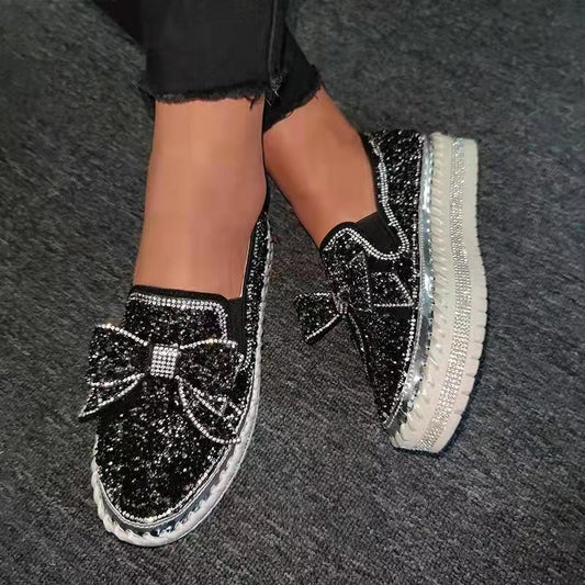 Women's Dazzle Bow Rhinestone Flat Shoes - allsose