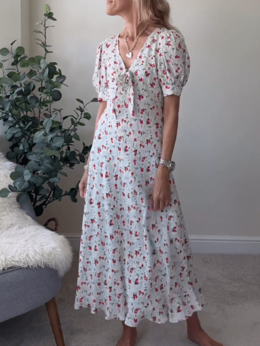 Women's Ditsy Floral V - Neck Puff Sleeve Midi Dress With Bow Detail - allsose