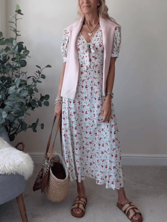 Women's Ditsy Floral V - Neck Puff Sleeve Midi Dress With Bow Detail - allsose