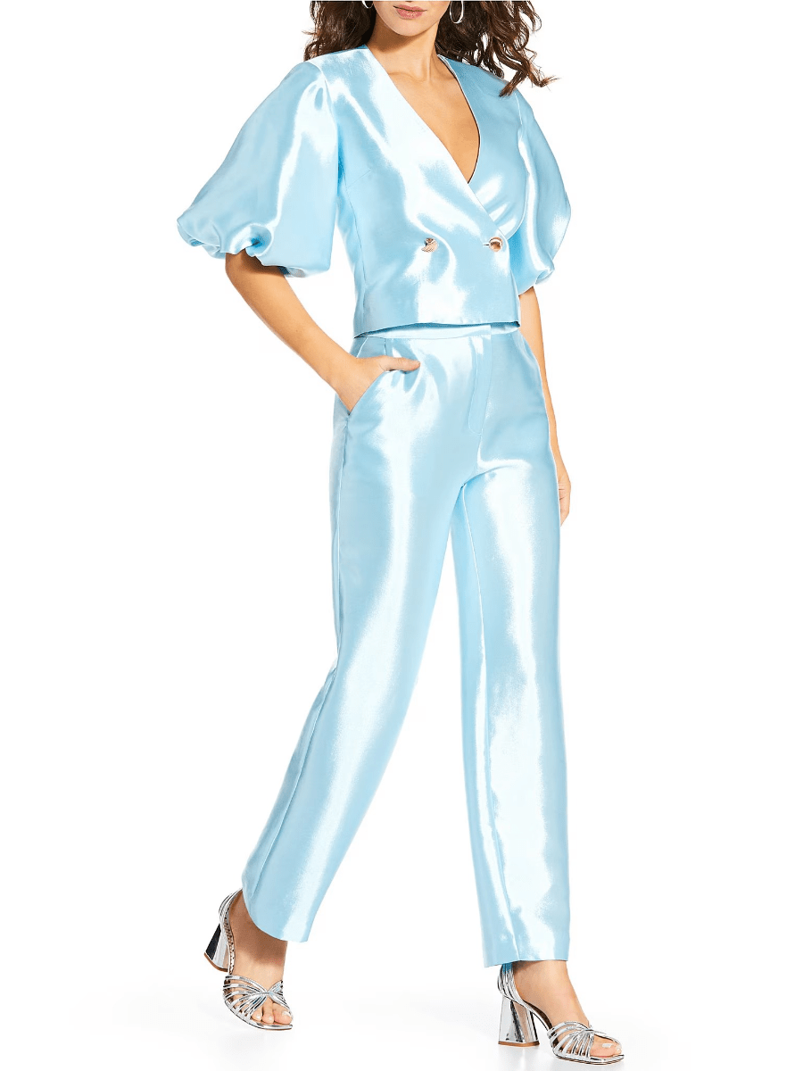 Women's Light Blue Satin High - Waist Straight - Leg Trousers - allsose