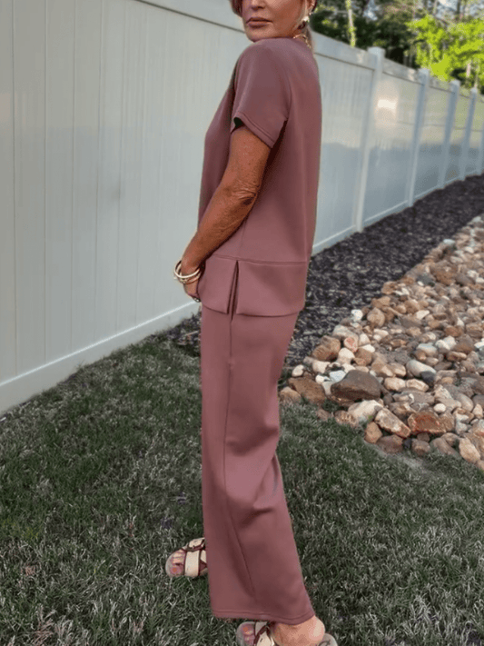 Women's Mocha Short Sleeve Top & Wide Leg Pant 2 - Piece Loungewear Set - allsose
