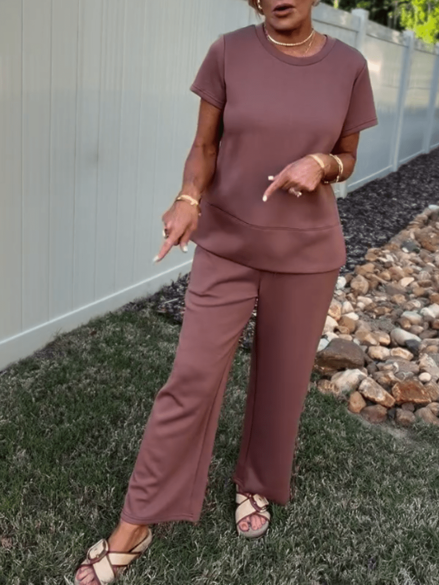 Women's Mocha Short Sleeve Top & Wide Leg Pant 2 - Piece Loungewear Set - allsose