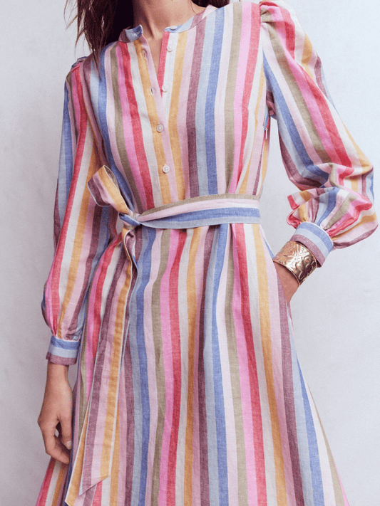 Women's Multicolor Striped Linen Belted Midi Shirt Dress - allsose