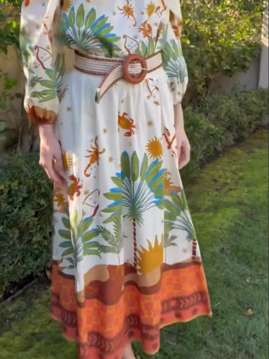 Women’s Tropical Print Off - the - Shoulder Midi Dress With Belt - allsose