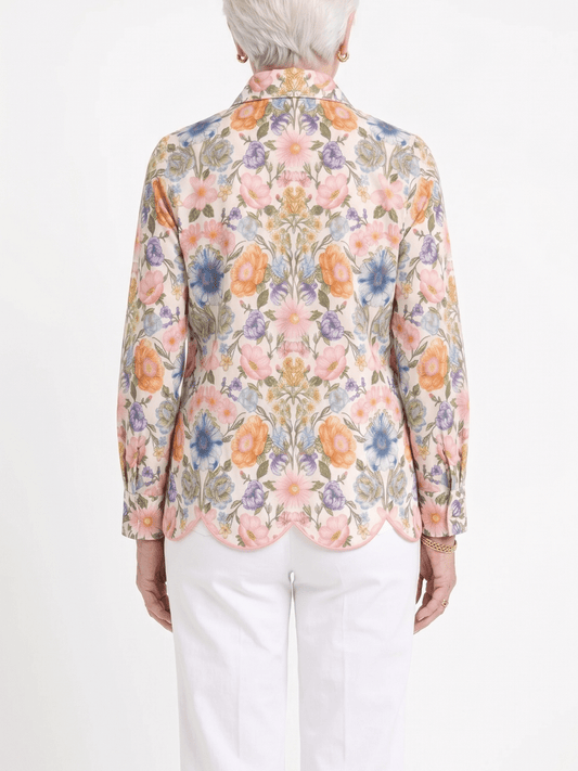 Women's Vibrant Floral Print Scalloped Hem Button - Down Shirt - allsose