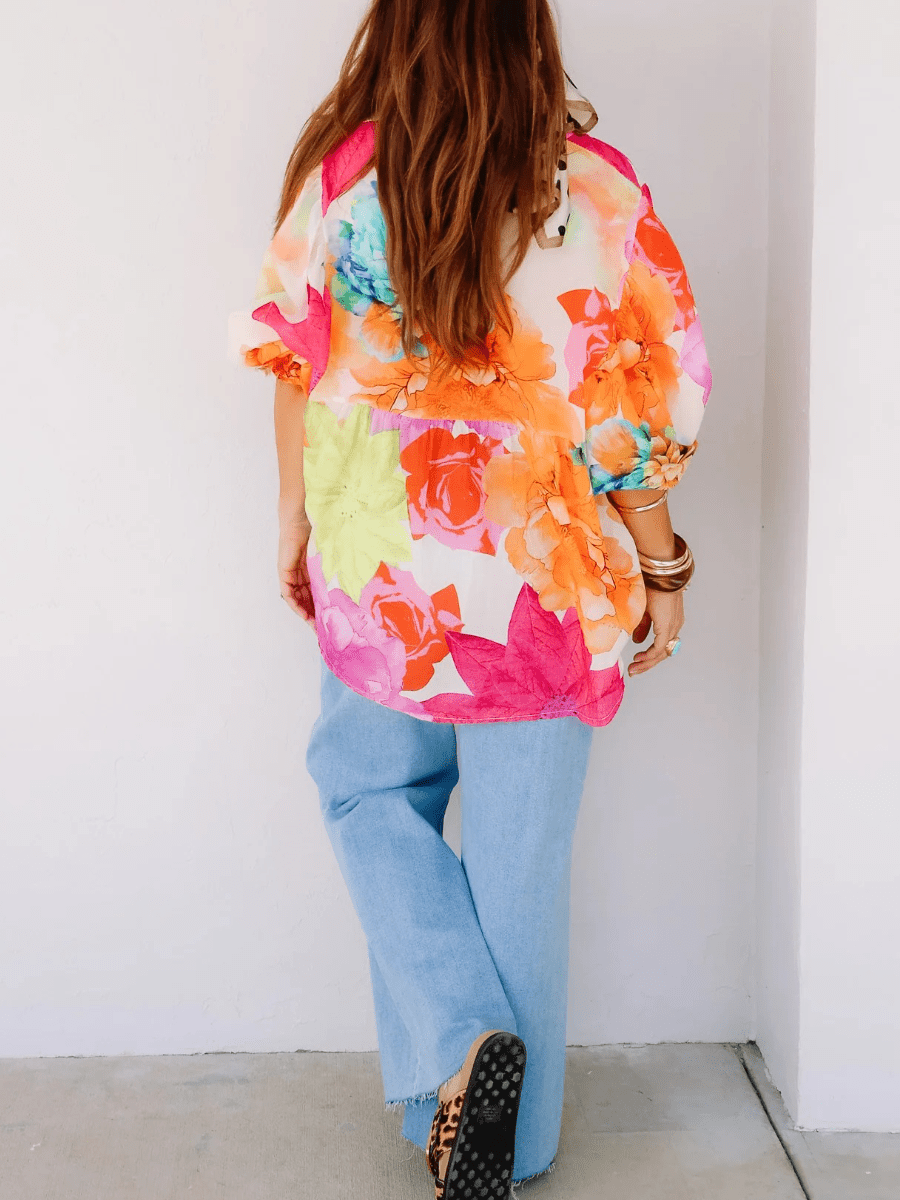 Women's Watercolor Floral Print Oversized Balloon Sleeve Blouse - allsose