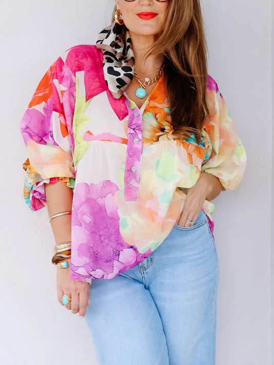 Women's Watercolor Floral Print Oversized Balloon Sleeve Blouse - allsose