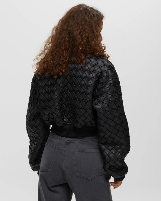 Woven Leather Cropped Bomber Jacket - allsose