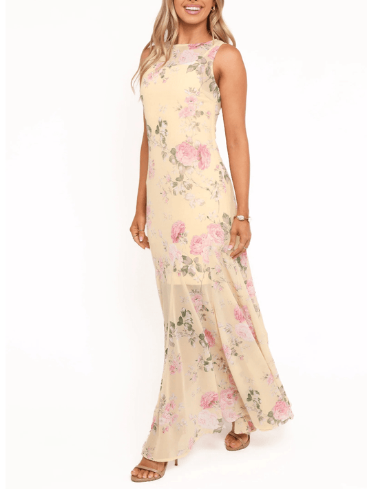 Yellow Pink Floral Chiffon Maxi Dress - allsose
