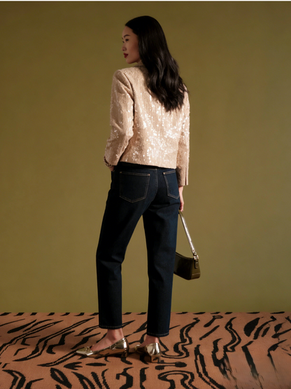 Sequin Moto Cropped Jacket-Champagne