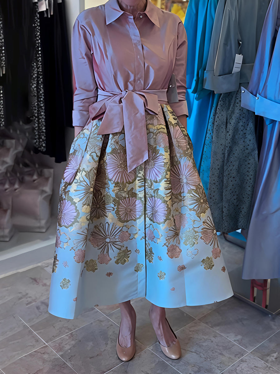 Floral Print Jacquard 3/4 Sleeves Shirt Dress