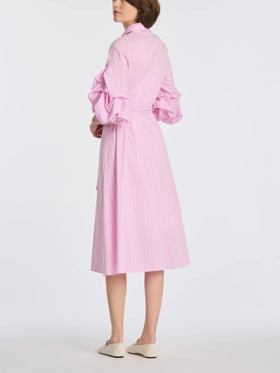 Pink Striped Puff Sleeve Shirt Dress With Tie Waist | Midi Cotton Dress