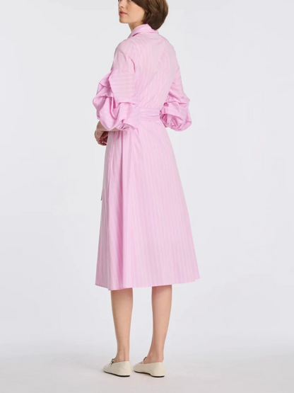 Pink Striped Puff Sleeve Shirt Dress With Tie Waist | Midi Cotton Dress