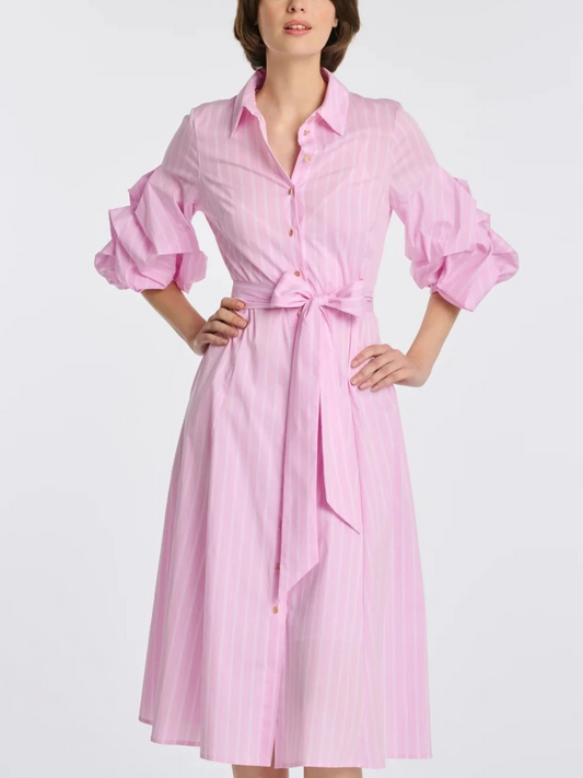 Pink Striped Puff Sleeve Shirt Dress With Tie Waist | Midi Cotton Dress