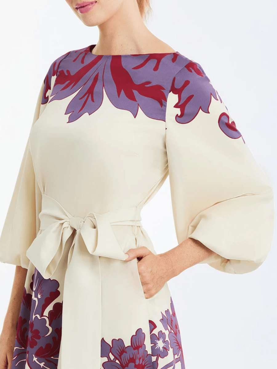 A - Line Crewneck Puff Sleeve Dress - allsose