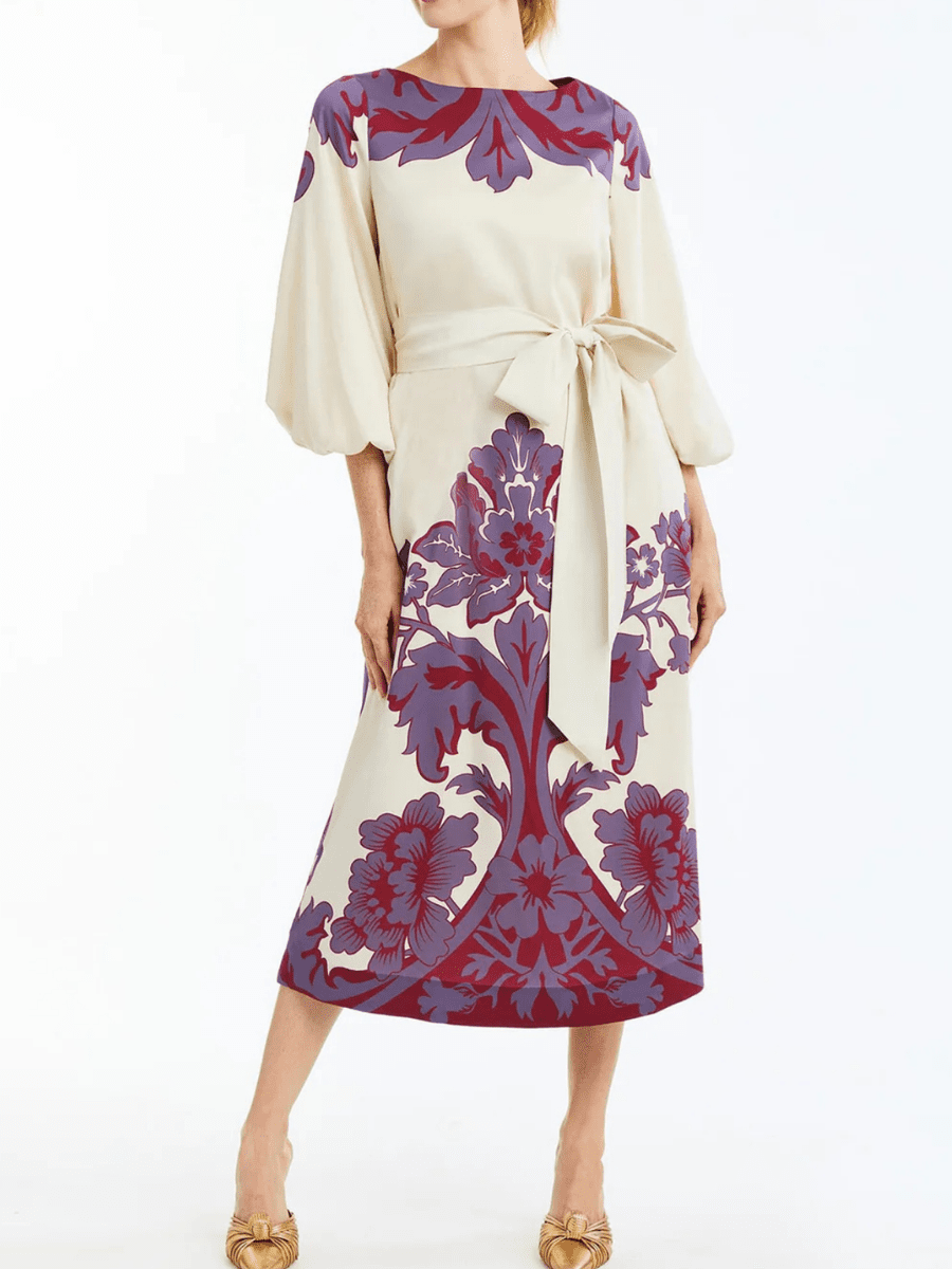 A - Line Crewneck Puff Sleeve Dress - allsose
