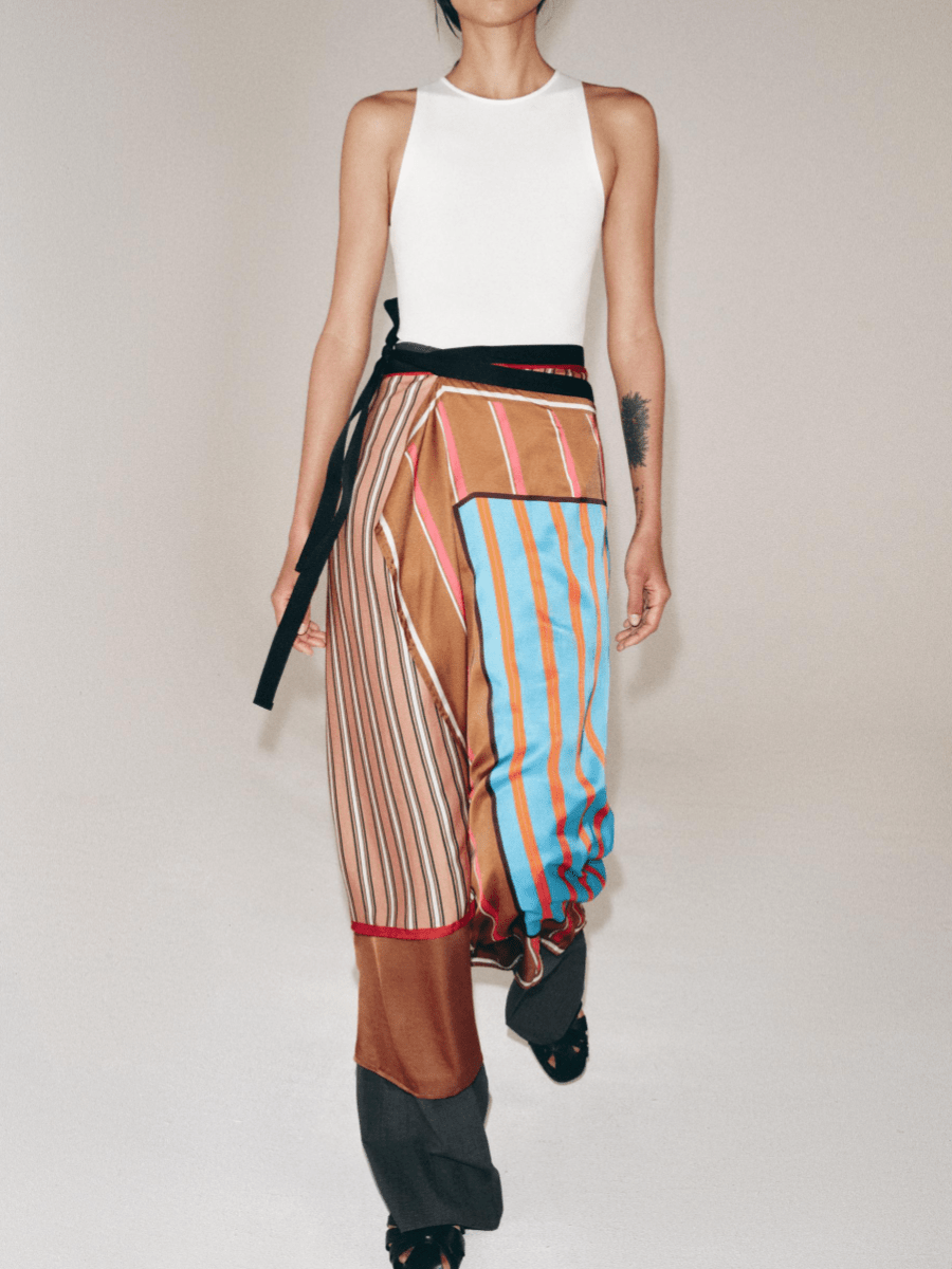 Asymmetric Patchwork Stripe Satin Wrap Skirt With Tie Waist - allsose