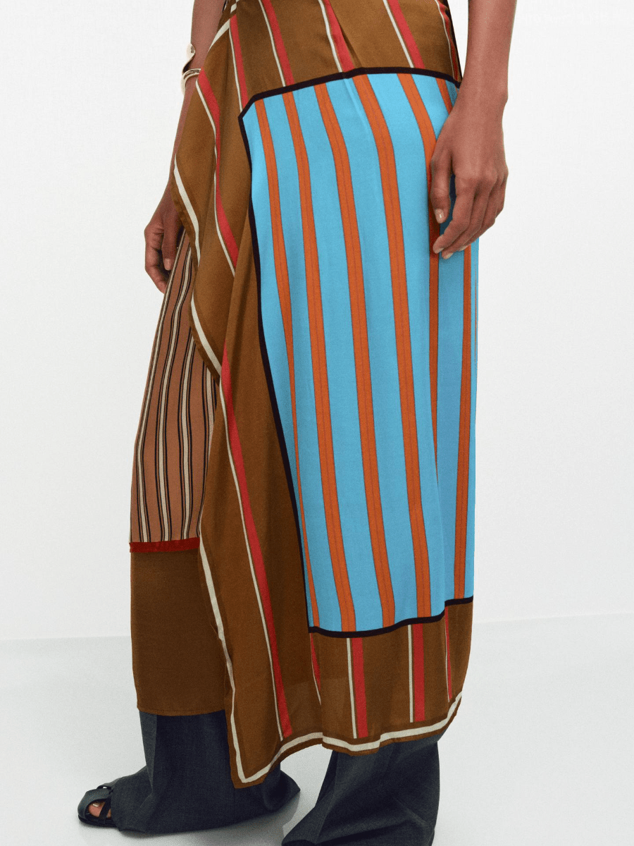 Asymmetric Patchwork Stripe Satin Wrap Skirt With Tie Waist - allsose
