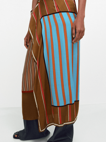Asymmetric Patchwork Stripe Satin Wrap Skirt With Tie Waist - allsose
