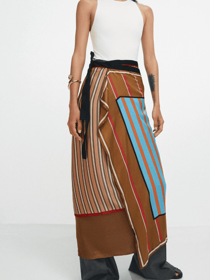 Asymmetric Patchwork Stripe Satin Wrap Skirt With Tie Waist - allsose