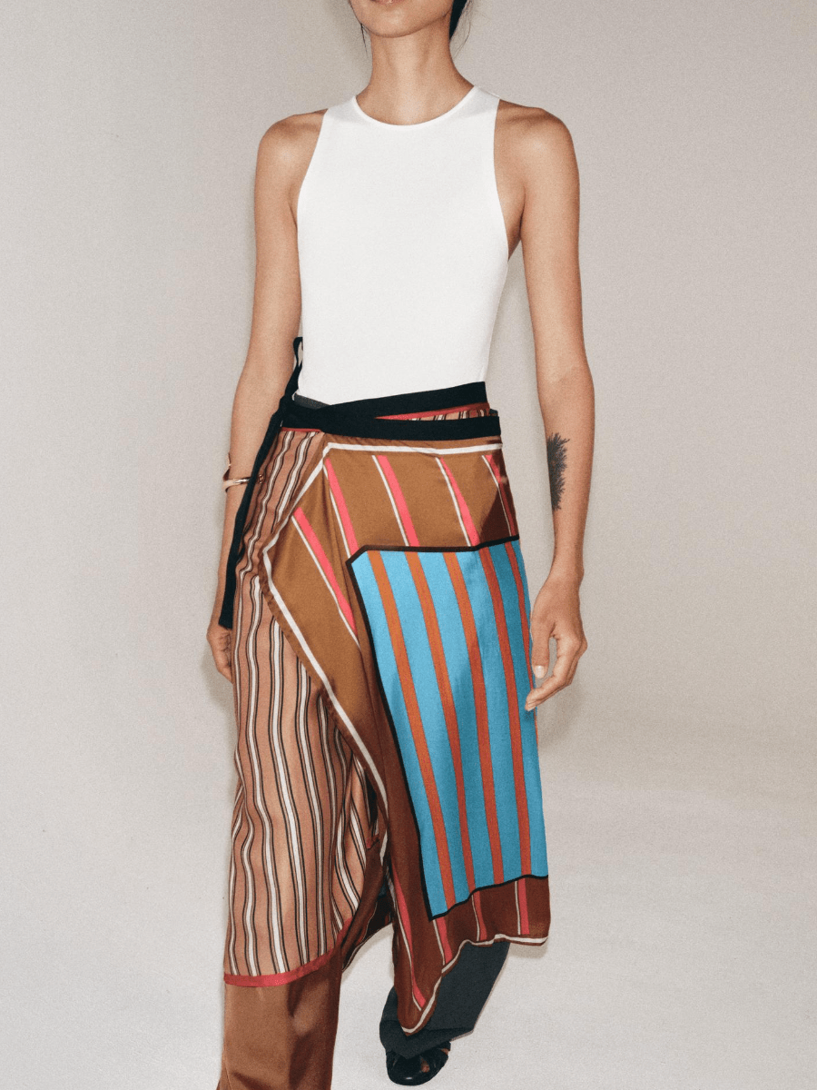 Asymmetric Patchwork Stripe Satin Wrap Skirt With Tie Waist - allsose