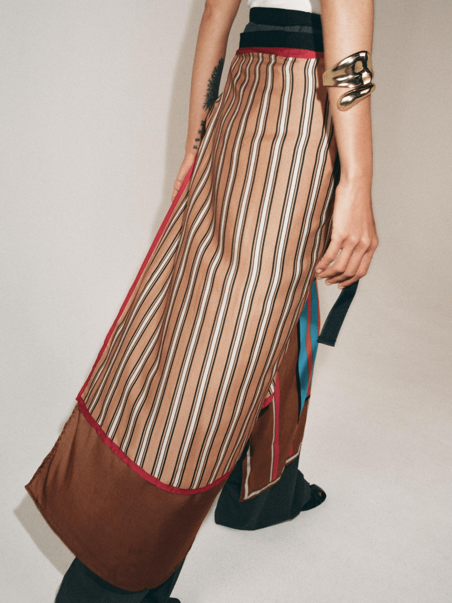 Asymmetric Patchwork Stripe Satin Wrap Skirt With Tie Waist - allsose