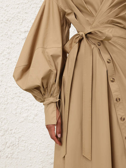 Asymmetrical Hem Blouson Sleeves Wrap Dress - allsose