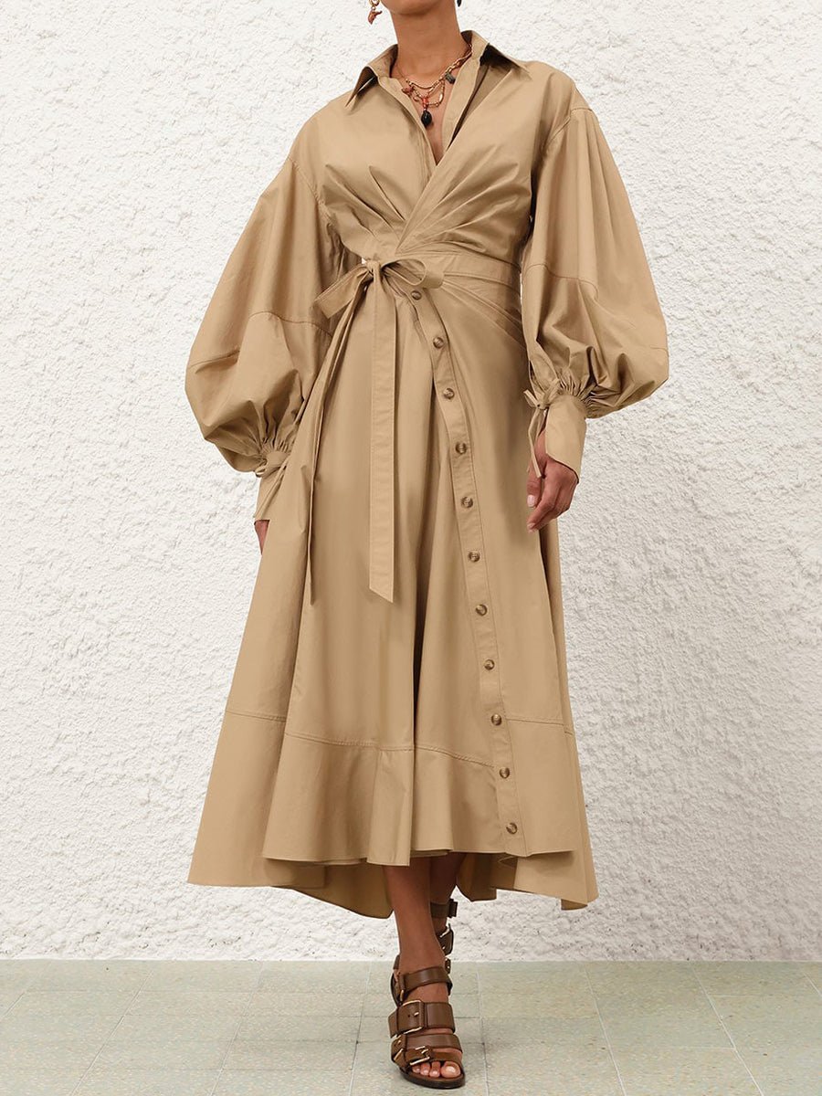Asymmetrical Hem Blouson Sleeves Wrap Dress - allsose