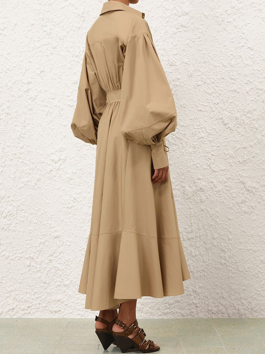 Asymmetrical Hem Blouson Sleeves Wrap Dress - allsose
