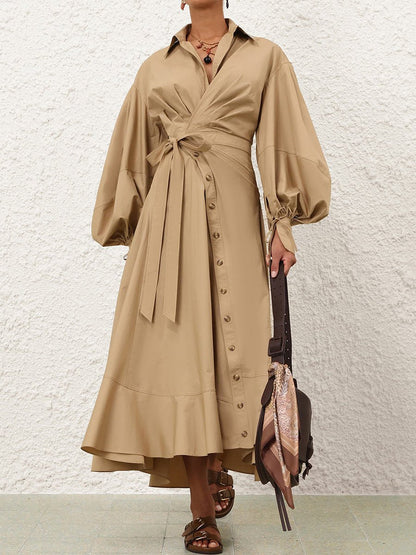 Asymmetrical Hem Blouson Sleeves Wrap Dress - allsose