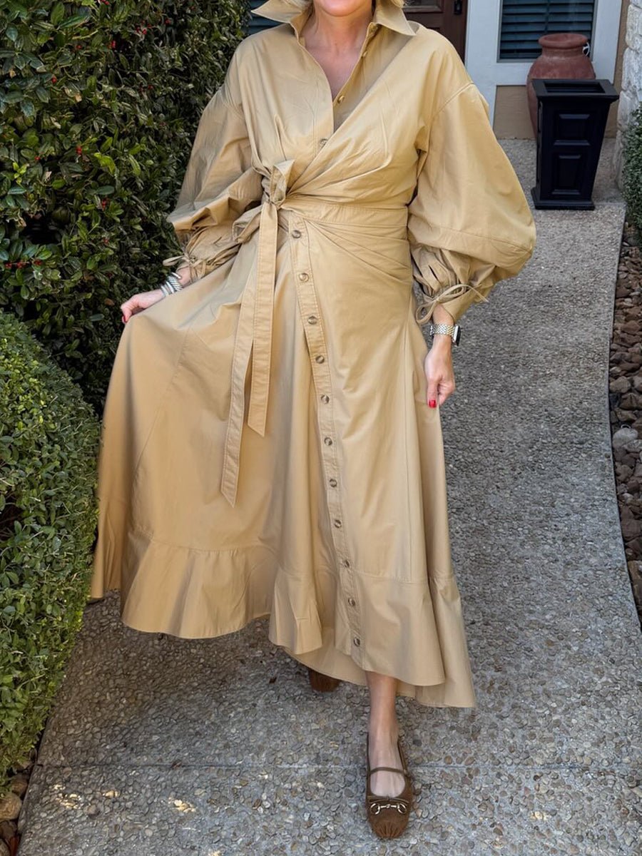 Asymmetrical Hem Blouson Sleeves Wrap Dress - allsose
