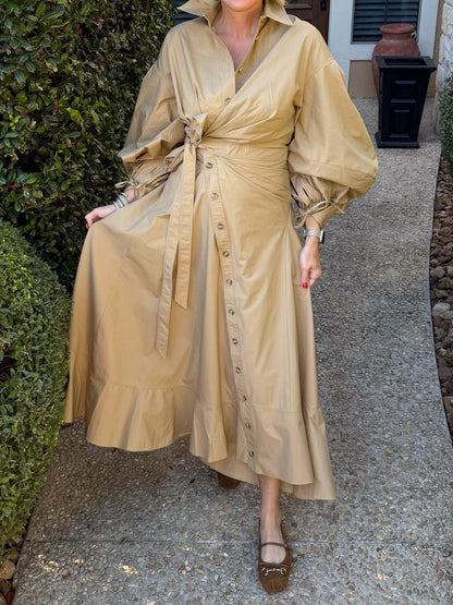 Asymmetrical Hem Blouson Sleeves Wrap Dress - allsose