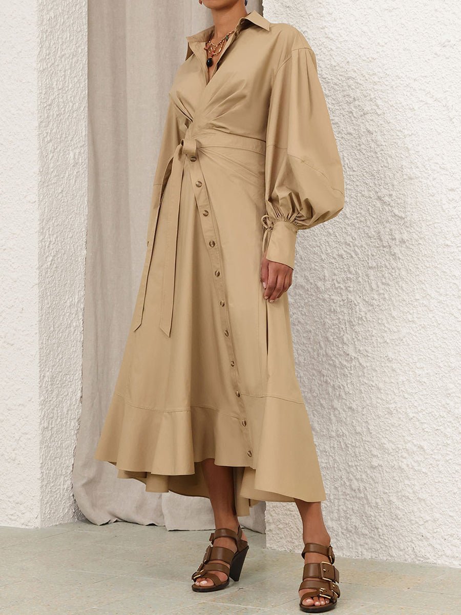 Asymmetrical Hem Blouson Sleeves Wrap Dress - allsose