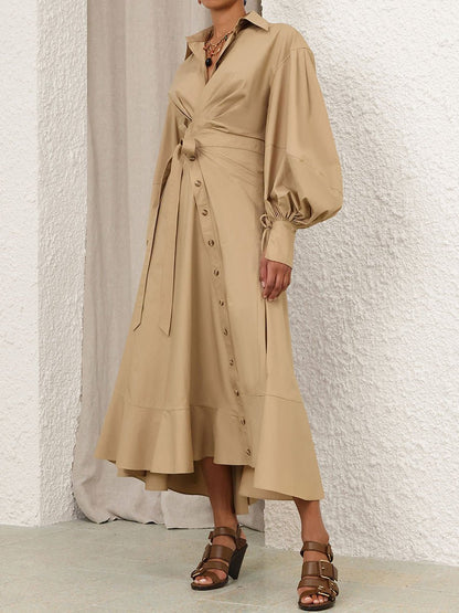 Asymmetrical Hem Blouson Sleeves Wrap Dress - allsose