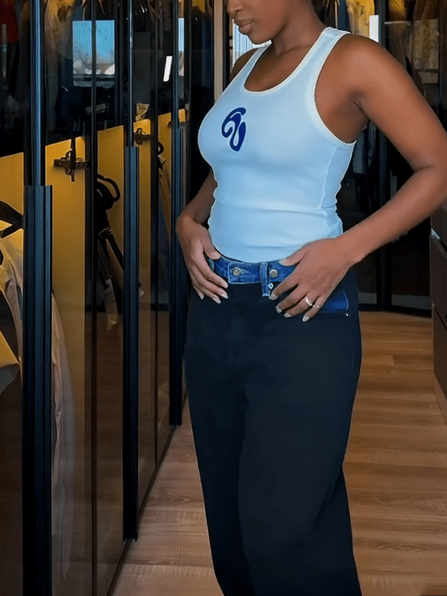 Black Denim - Waist Paneled Wide - Leg Pants - allsose