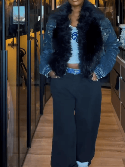 Black Denim - Waist Paneled Wide - Leg Pants - allsose