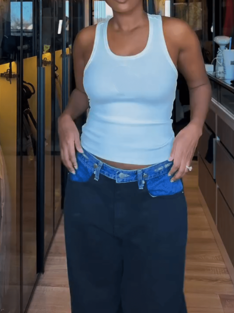 Black Denim - Waist Paneled Wide - Leg Pants - allsose