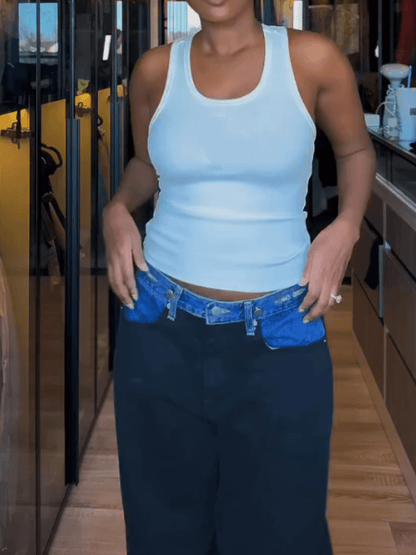 Black Denim - Waist Paneled Wide - Leg Pants - allsose