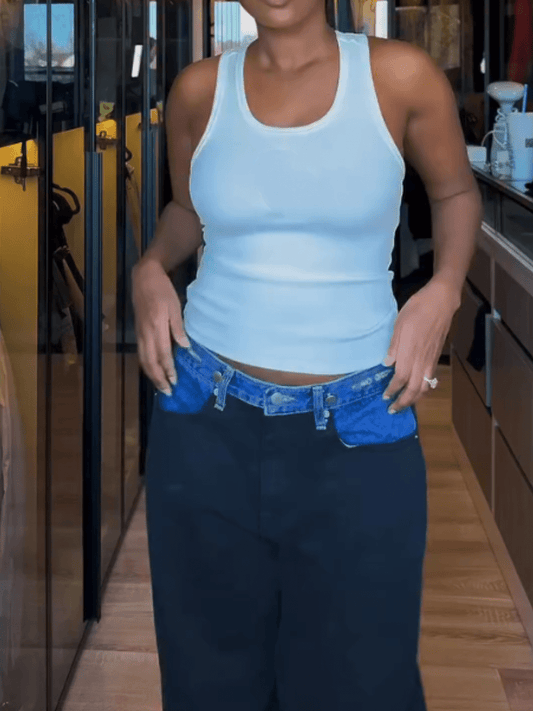 Black Denim - Waist Paneled Wide - Leg Pants - allsose