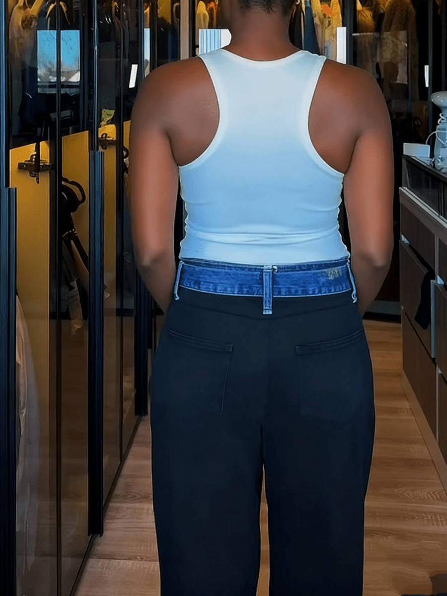 Black Denim - Waist Paneled Wide - Leg Pants - allsose