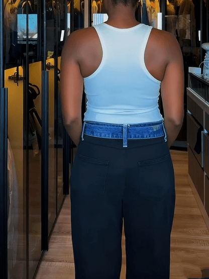 Black Denim - Waist Paneled Wide - Leg Pants - allsose