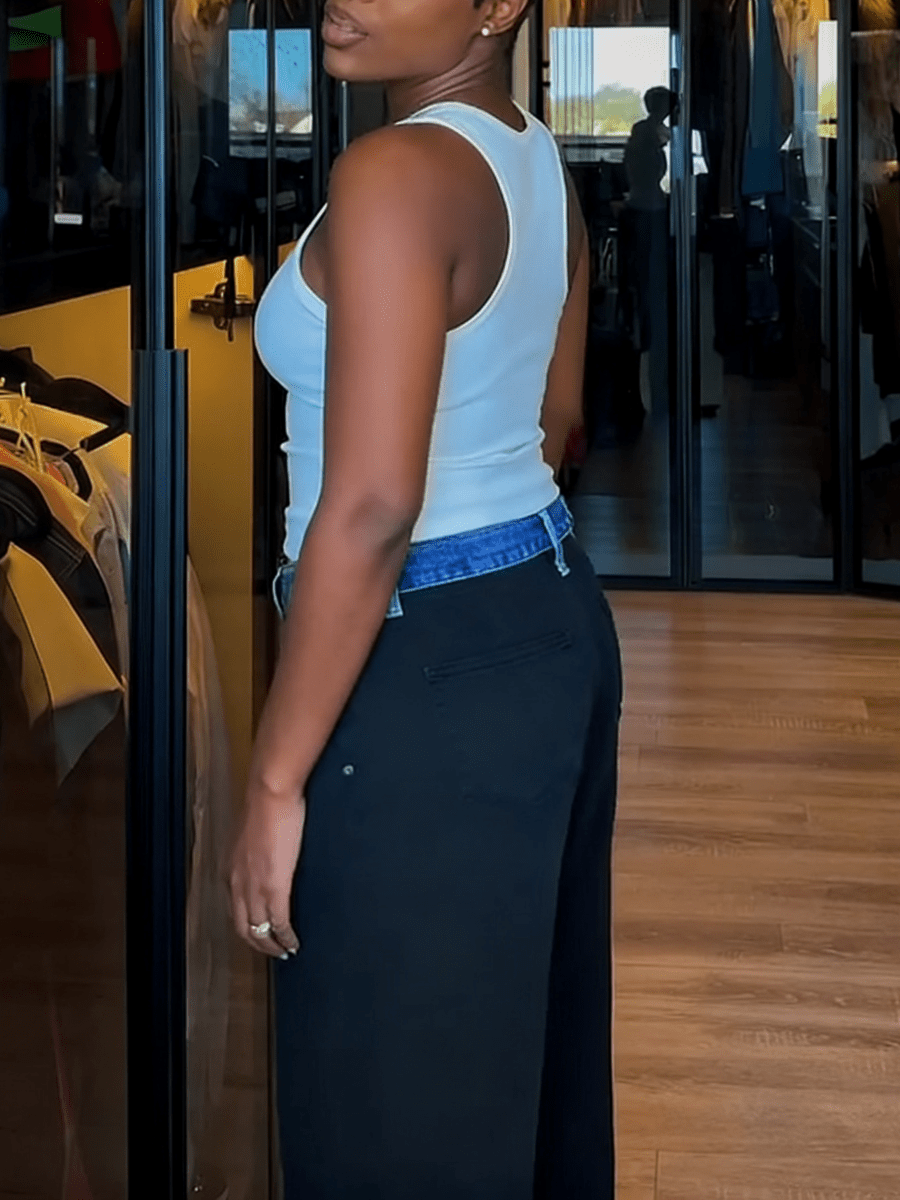 Black Denim - Waist Paneled Wide - Leg Pants - allsose