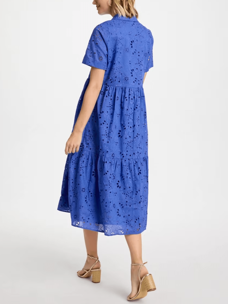 Blue Cotton English Button - Down Tiered Midi Dress - allsose