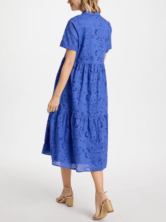 Blue Cotton English Button - Down Tiered Midi Dress - allsose